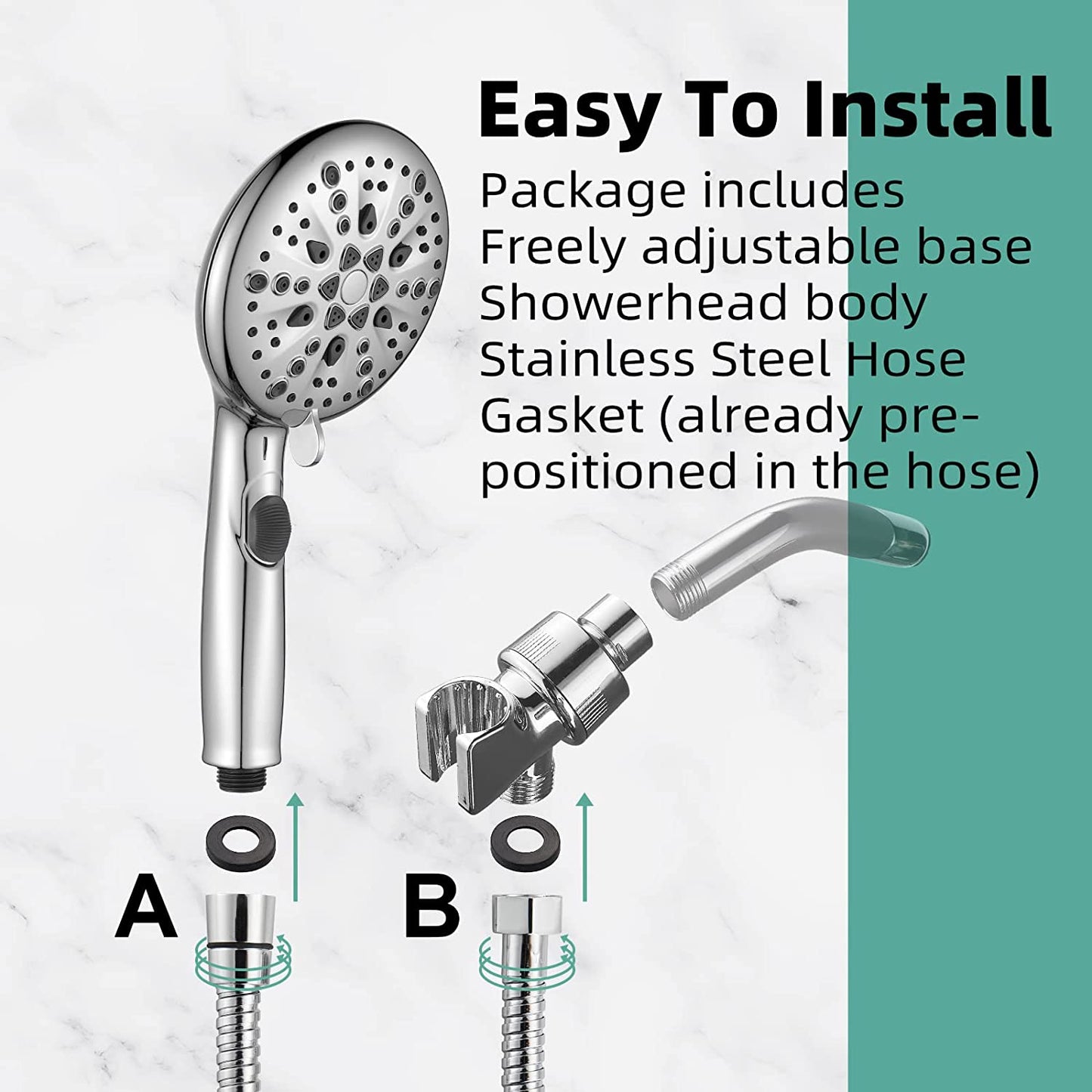 High Pressure 9 Functions Shower Head with Handheld - Luxury Modern Chrome Look, Built-In Power Spray to Clean Corner, Tub and Pets, Stainless Steel Hose Adjustable Bracket, Chrome