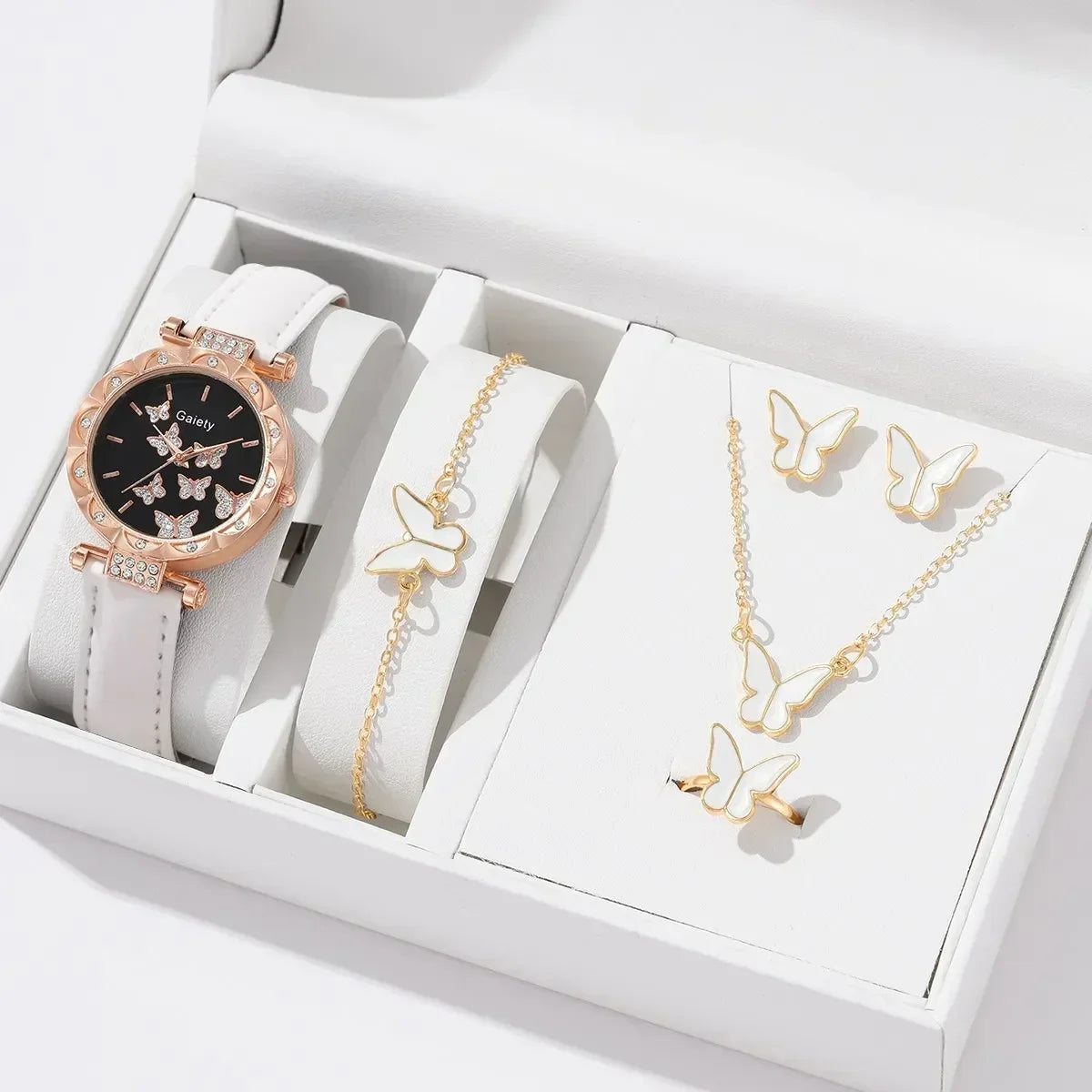 6/1Pcs Set Women Watch Ring Necklace Earrings Bracelet Set Watches Butterfly Leather Strap Ladies Quartz Wristwatch (No Box)