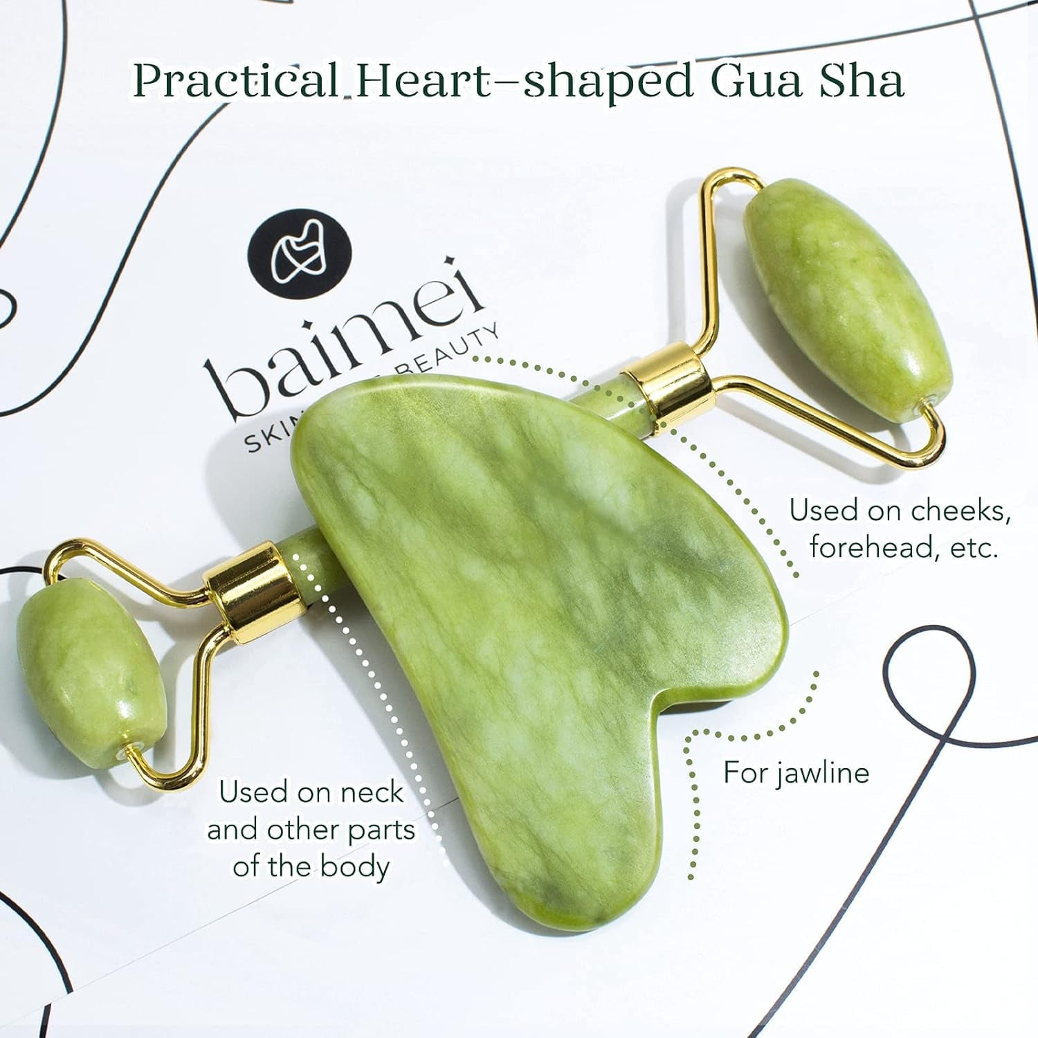 Icyme Gua Sha & Jade Roller Facial Tools Face Roller and Gua Sha Set for Puffiness and Redness Reducing Skin Care Routine, Self Care Gift for Men Women - Green