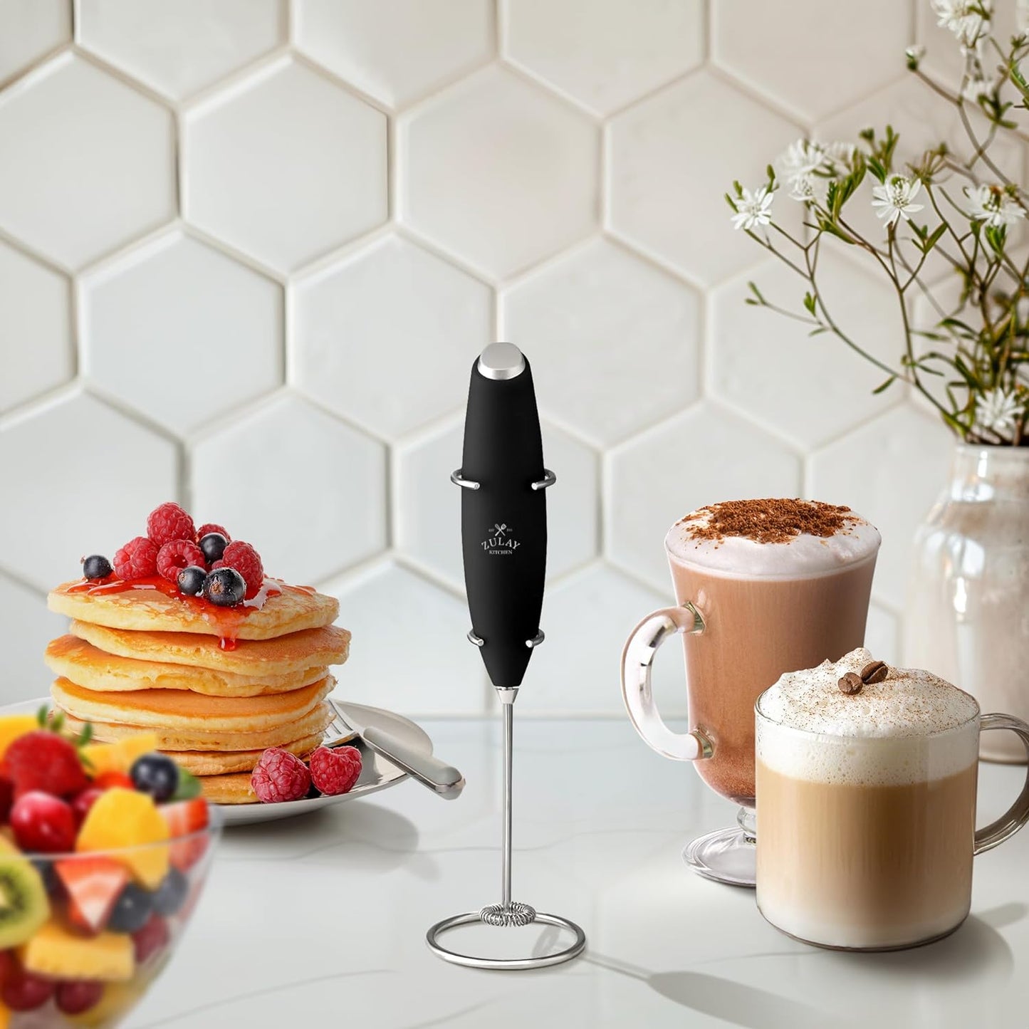 Powerful Milk Frother Wand - Ultra Fast Handheld Drink Mixer - Electric Whisk Foam Maker for Coffee, Lattes, Cappuccino, Frappe, Matcha, Hot Chocolate & Coffee Creamer - Milk Boss Black