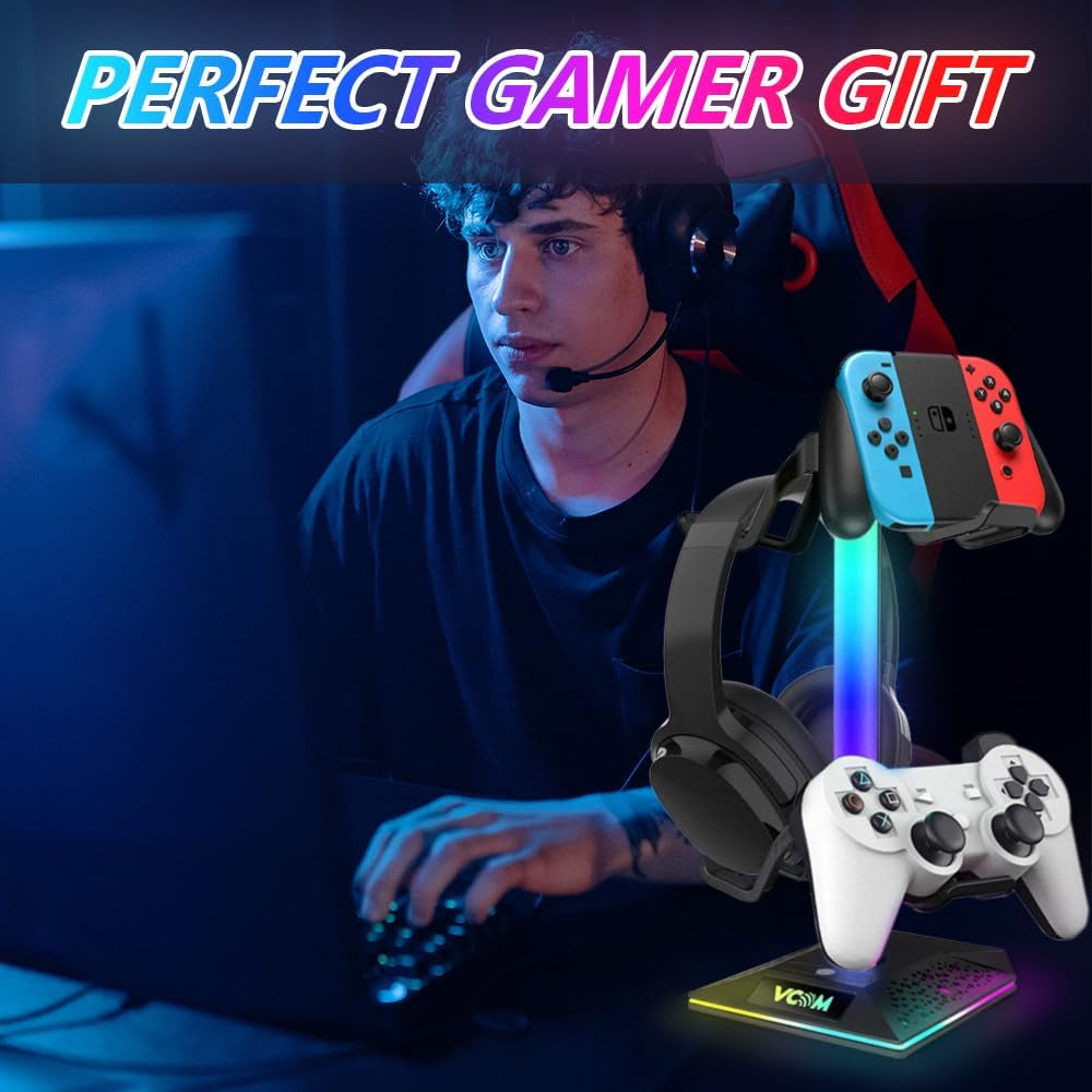 RGB Gaming Headphones Stand with 2 USB Ports Headset Stand with 10 Light Modes and Non-Slip Rubber, Suitable for All Earphone Accessories, Best Gift for Husband, Kids, Boyfriend